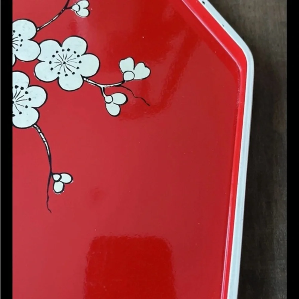 Vintage 1979 M. Kamenstein Red Cream Cherry Blossom Asian Octagonal Serving Tray